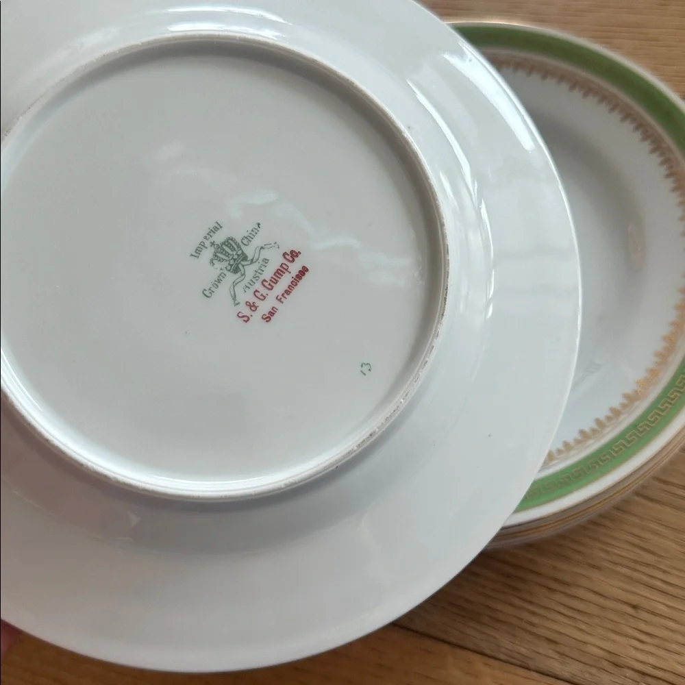 S & G Gump Co. Elegant Green and Gold Dessert Plate x 9